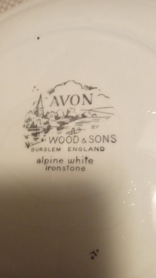 Vintage Avon by Wood & Sons Floral Plate - Alpine White Ironstone Dinnerware - Blue & Gold Scalloped Edge