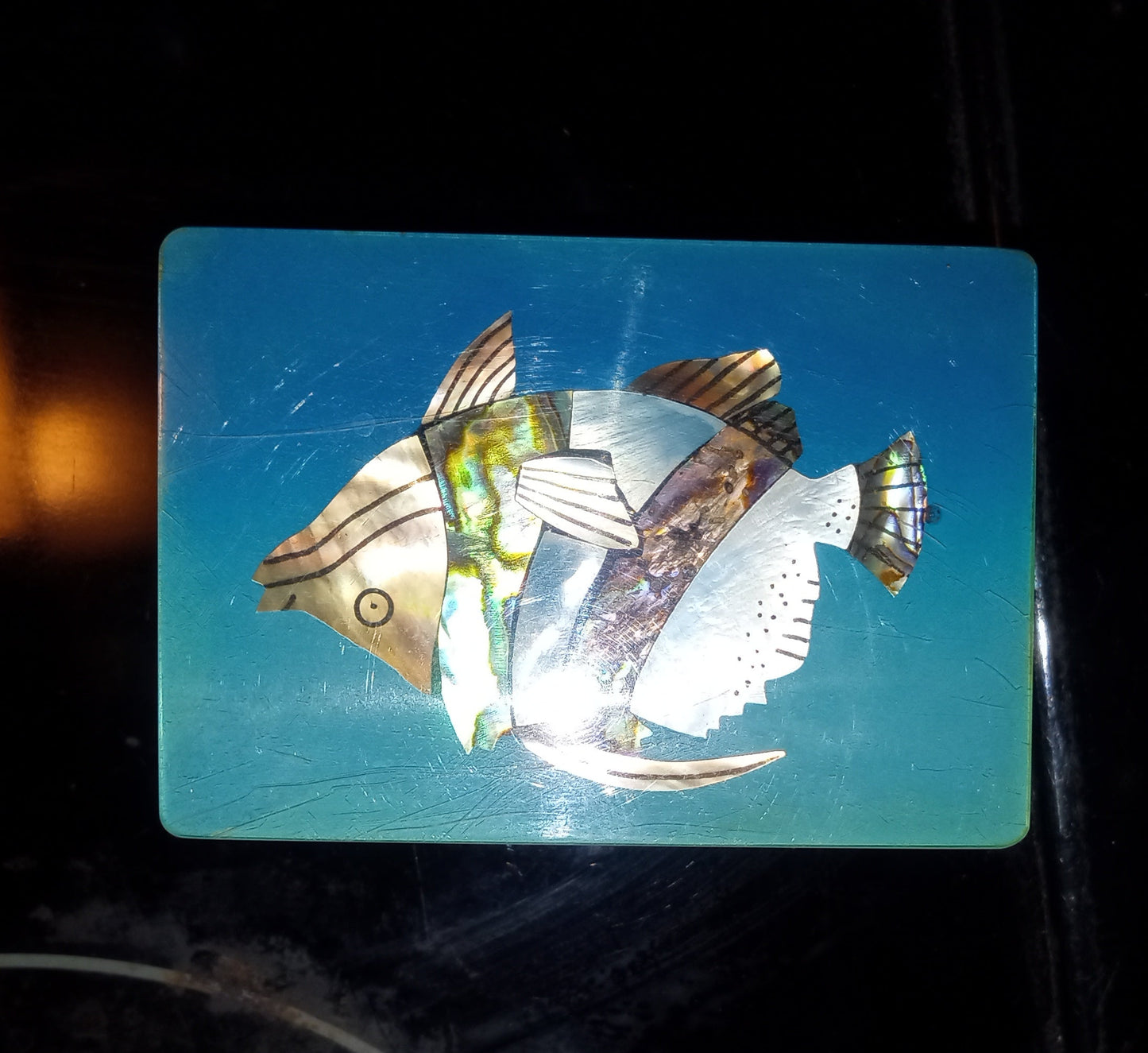 Beautiful Mother Of Pearl Abalone Inlaid Fish Jewelry Trinket Box