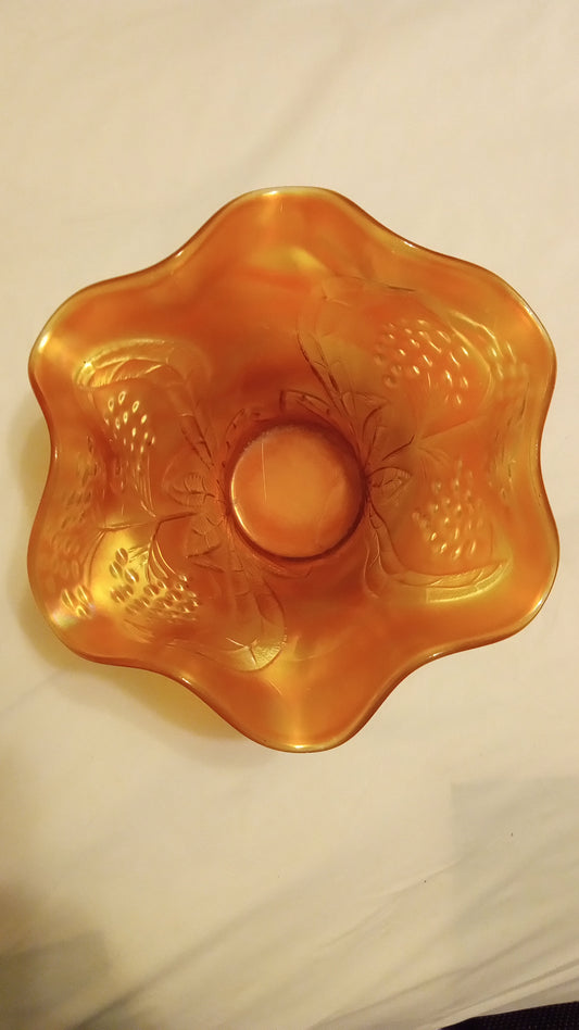 100+ Years Old Fenton Grape & Cable Carnival Glass Bowl | Marigold Orange Iridescent | 6" Ruffled Edge | C. 1910