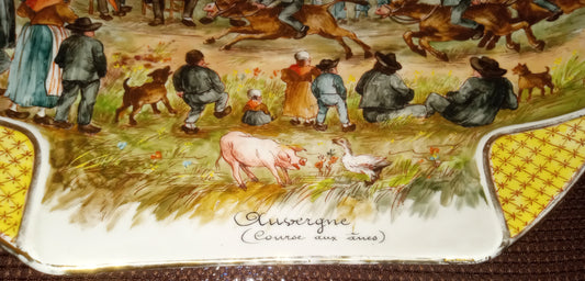 DRAMATIC! French Hunting Scene Plate: "Auvergne (Chasse Aux Loups)" 🐺 Gilded Gold Border + FREE SHIPPING!