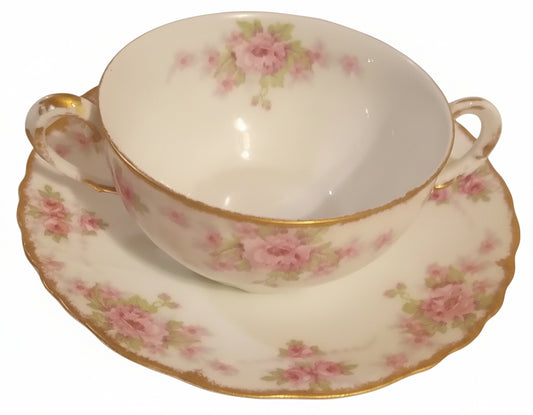 Elite Works Limoges Pink Rose Bouillon Set (2) | Antique French Porcelain