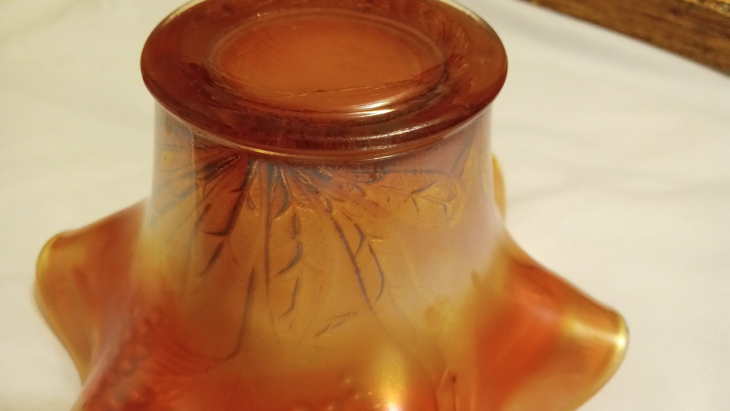 100+ Years Old Fenton Grape & Cable Carnival Glass Bowl | Marigold Orange Iridescent | 6" Ruffled Edge | C. 1910