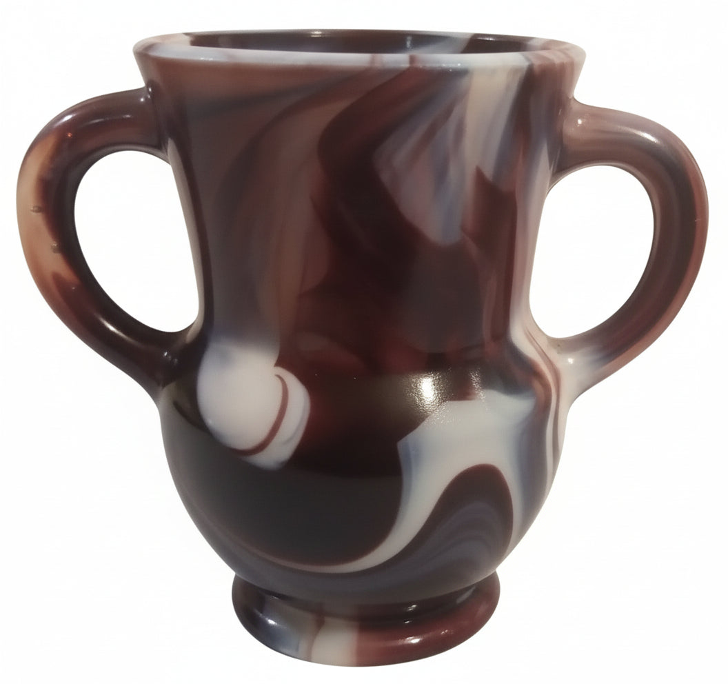 Vintage Brown & White Slag Glass 3.5" Handled Cup / Miniature Urn | End-of-Day Swirl