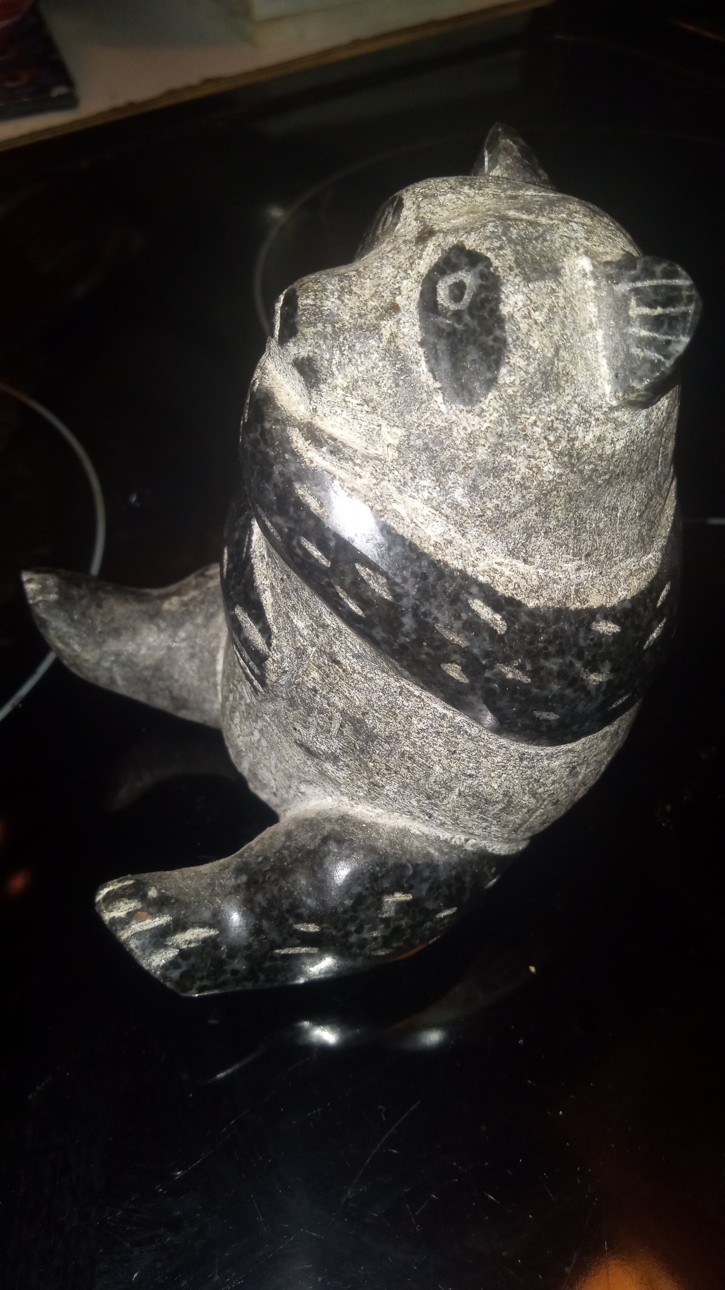 HAND CARVED PANDA GRANITE STONE GREY/BLACK One of a kind