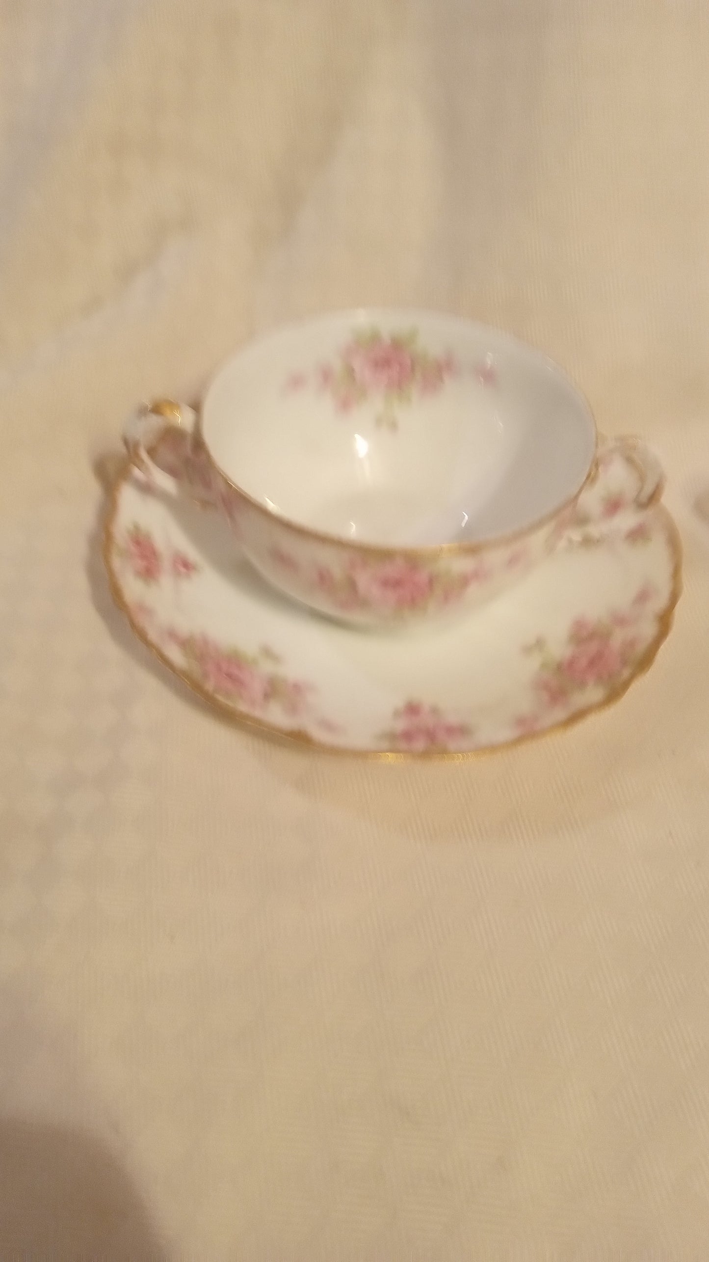 Elite Works Limoges Pink Rose Bouillon Set (2) | Antique French Porcelain