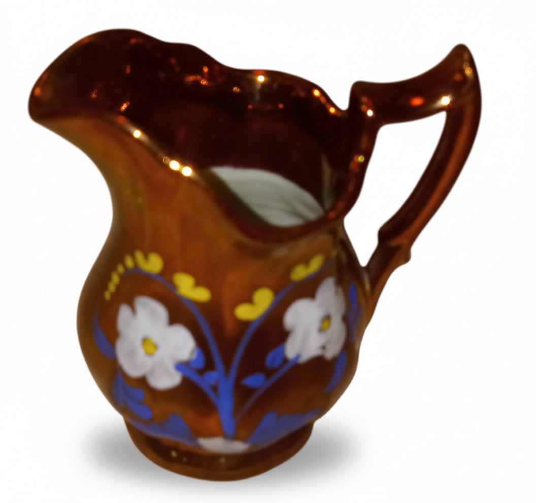 Vintage Japanese Lusterware Creamer - Hand Painted Floral Pitcher (4" Tall) - Copper Glaze Collectible