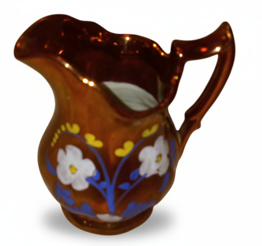 Vintage Japanese Lusterware Creamer - Hand Painted Floral Pitcher (4" Tall) - Copper Glaze Collectible