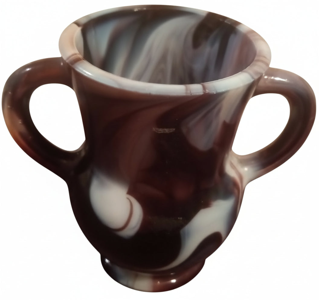 Vintage Brown & White Slag Glass 3.5" Handled Cup / Miniature Urn | End-of-Day Swirl