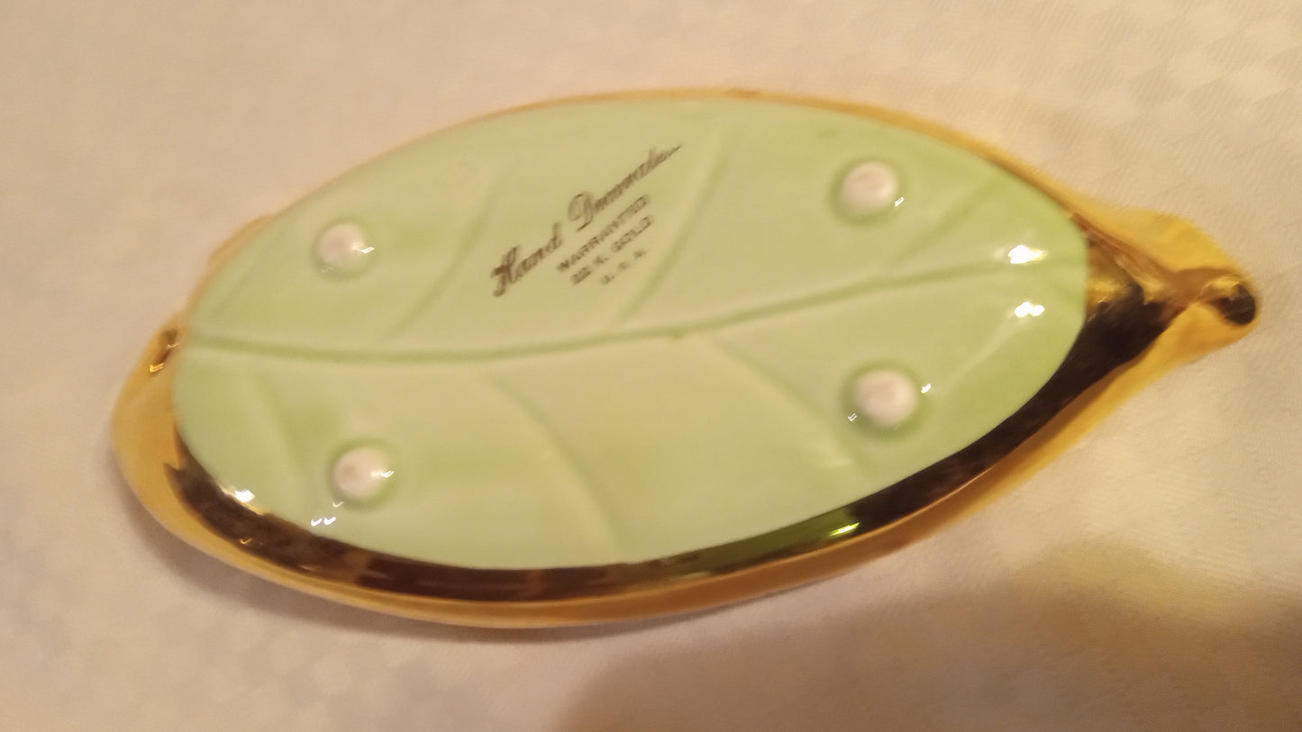 VINTAGE 1950s 22K Gold Leaf Dish Mint Condition Iridescent Green Trinket Tray | Mid-Century Hollywood Regency Decor