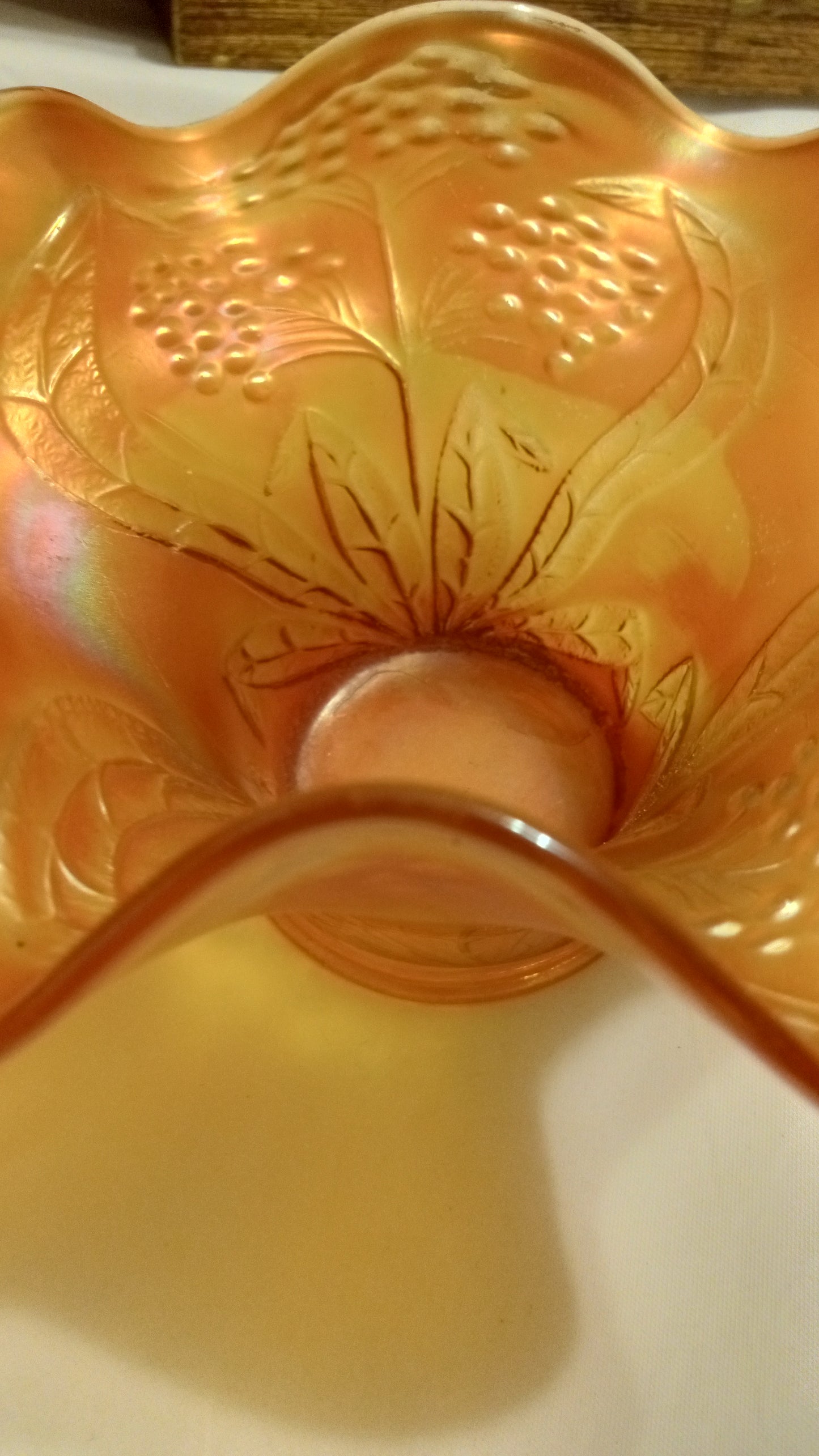 100+ Years Old Fenton Grape & Cable Carnival Glass Bowl | Marigold Orange Iridescent | 6" Ruffled Edge | C. 1910