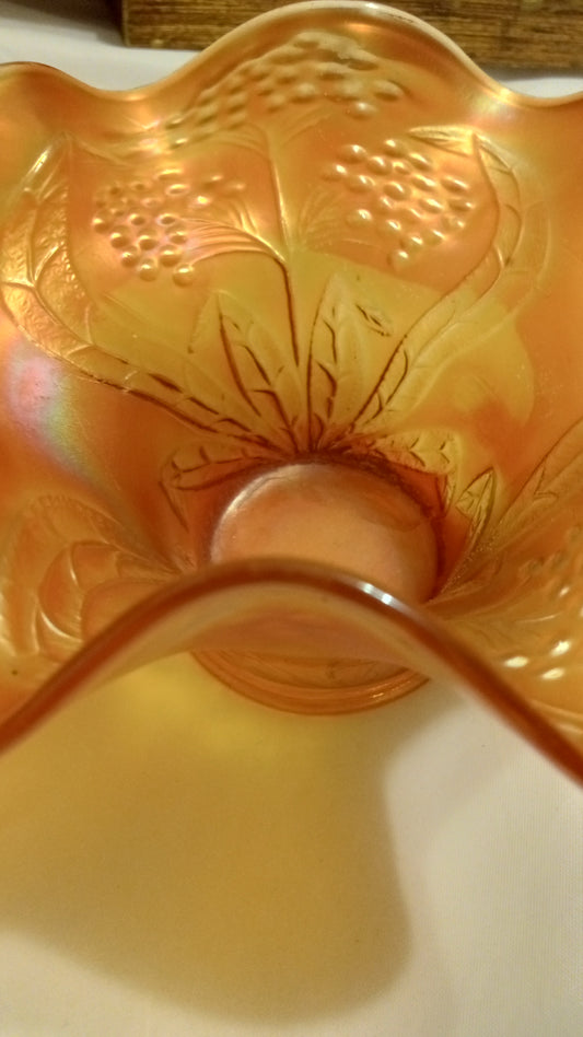 100+ Years Old Fenton Grape & Cable Carnival Glass Bowl | Marigold Orange Iridescent | 6" Ruffled Edge | C. 1910