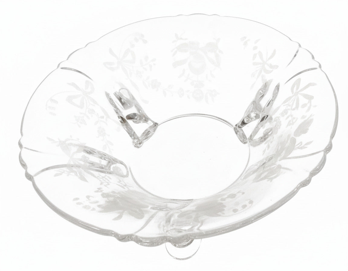 Heisey Orchid Etched Glass Bonbon Dish | 1940s Elegant Depression Era Crystal | 3-Footed Floral & Ribbon Candy Bowl | Mint Condition