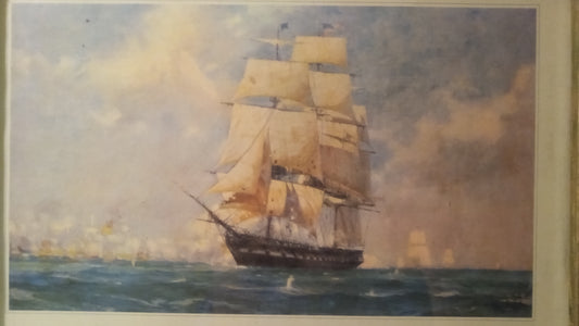 Vintage 1940s “Old Ironsides at Tripoli” Maritime Print by Gordon Grant – Framed Nautical History Art, USS Constitution Naval Scene