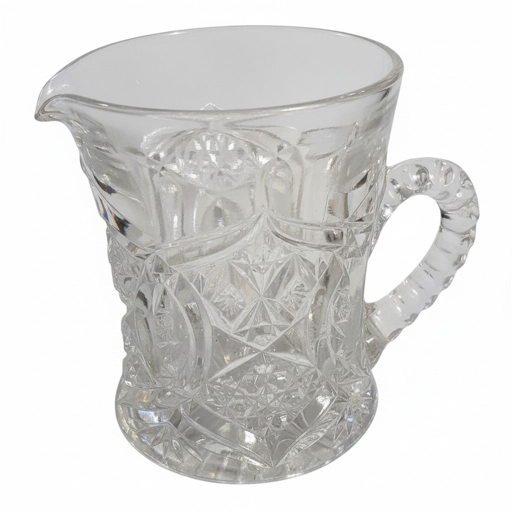Vintage Pressed Glass Creamer | Starburst & Diamond Cut Design | Elegant 3.5" Pitcher