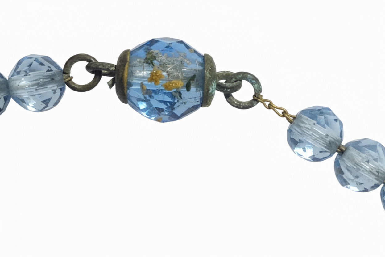 Vintage Art Deco Faceted Cut Glass Blue Crystal Necklace 16" Long