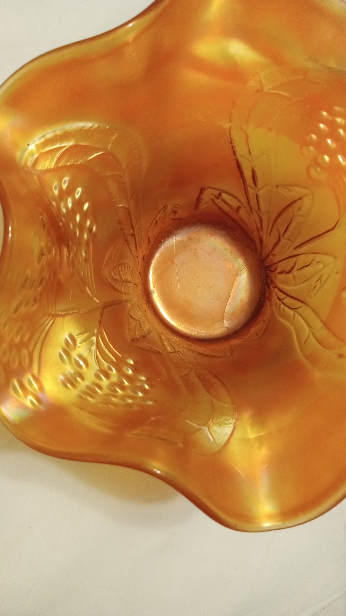 100+ Years Old Fenton Grape & Cable Carnival Glass Bowl | Marigold Orange Iridescent | 6" Ruffled Edge | C. 1910