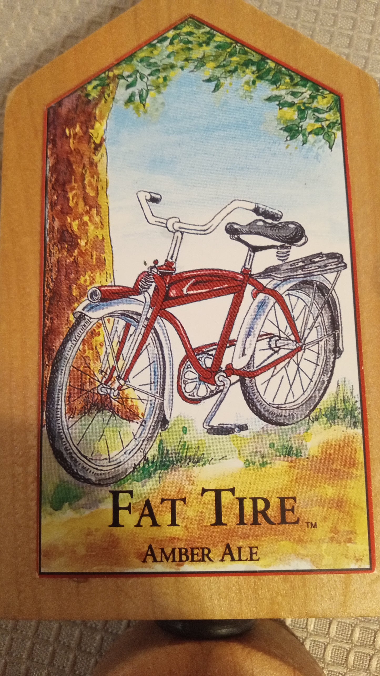 EXCELLENT! Vintage New Belgium FAT TIRE Amber Ale Wood Tap Handle | Iconic Bicycle Design 12"