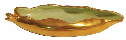 VINTAGE 1950s 22K Gold Leaf Dish Mint Condition Iridescent Green Trinket Tray | Mid-Century Hollywood Regency Decor