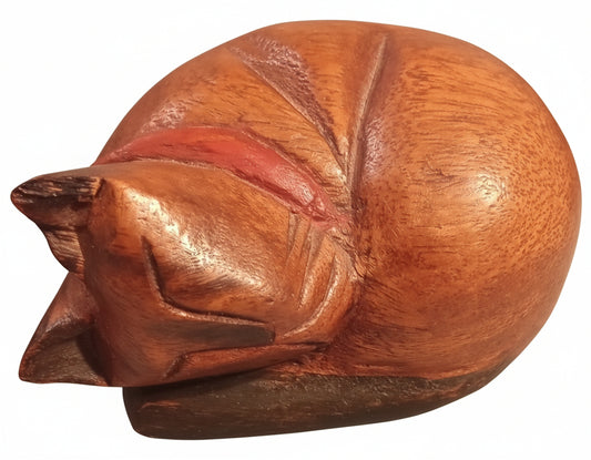 Hand-Carved Monkeypod Wood Sleeping Cat – 1970s Mid-Century Folk Art Figurine | Handcrafted Teak Style Decor | FREE Priority Shipping