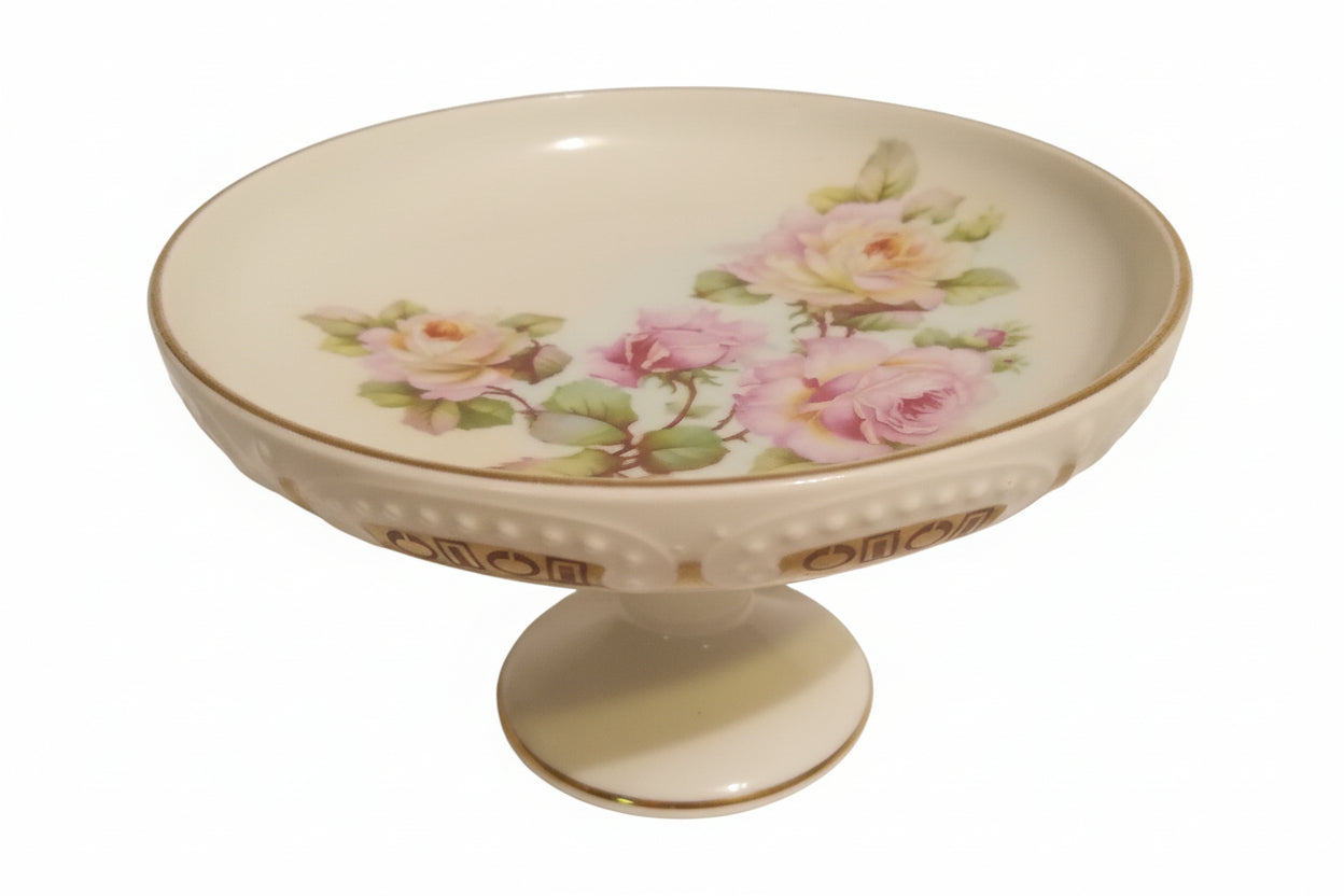 Antique Austrian Porcelain Pedestal Comport | Edwardian Pink Roses Gold Trim | Single Candy Dish, Near-Mint with Patina