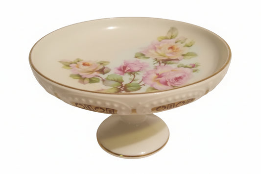 Antique Austrian Porcelain Pedestal Comport | Edwardian Pink Roses Gold Trim | Single Candy Dish, Near-Mint with Patina