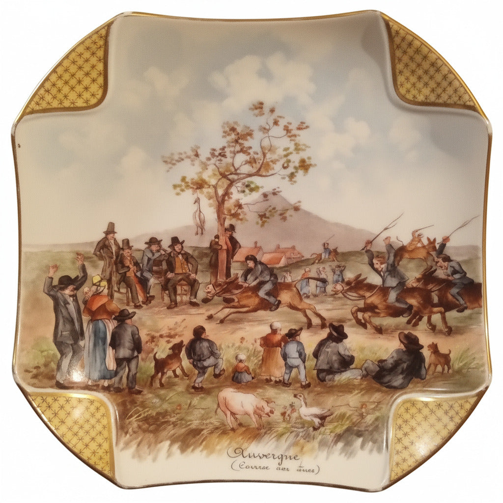 DRAMATIC! French Hunting Scene Plate: "Auvergne (Chasse Aux Loups)" 🐺 Gilded Gold Border + FREE SHIPPING!