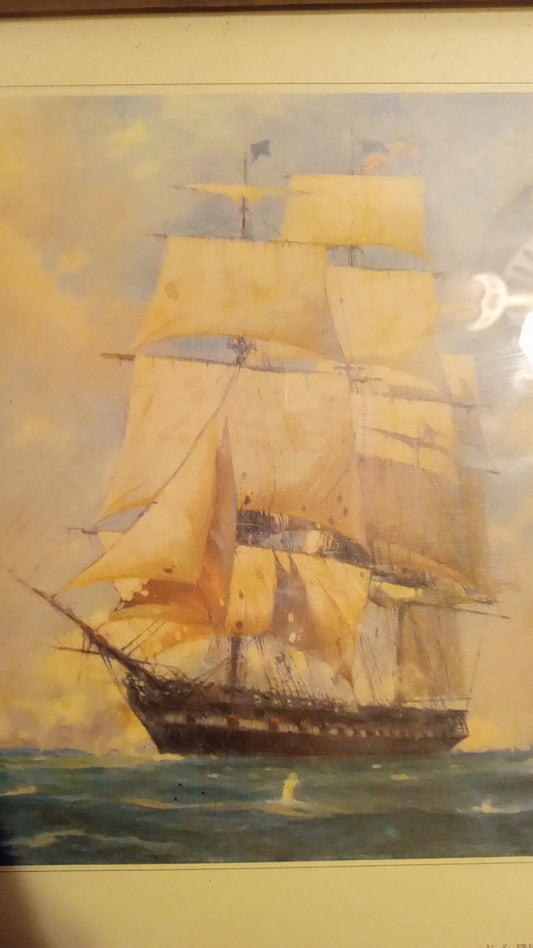 Vintage 1940s “Old Ironsides at Tripoli” Maritime Print by Gordon Grant – Framed Nautical History Art, USS Constitution Naval Scene