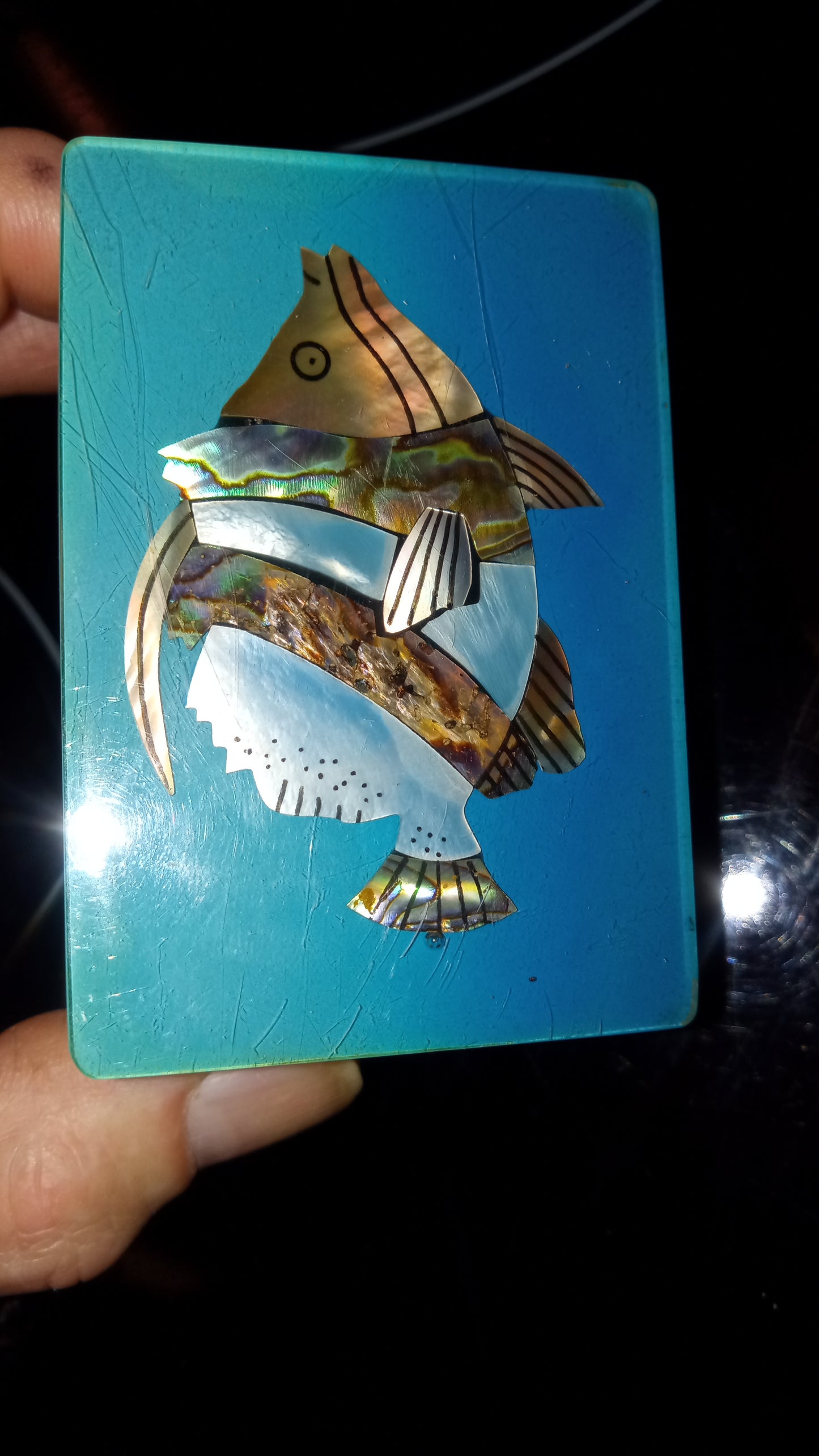 Beautiful Mother Of Pearl Abalone Inlaid Fish Jewelry Trinket Box