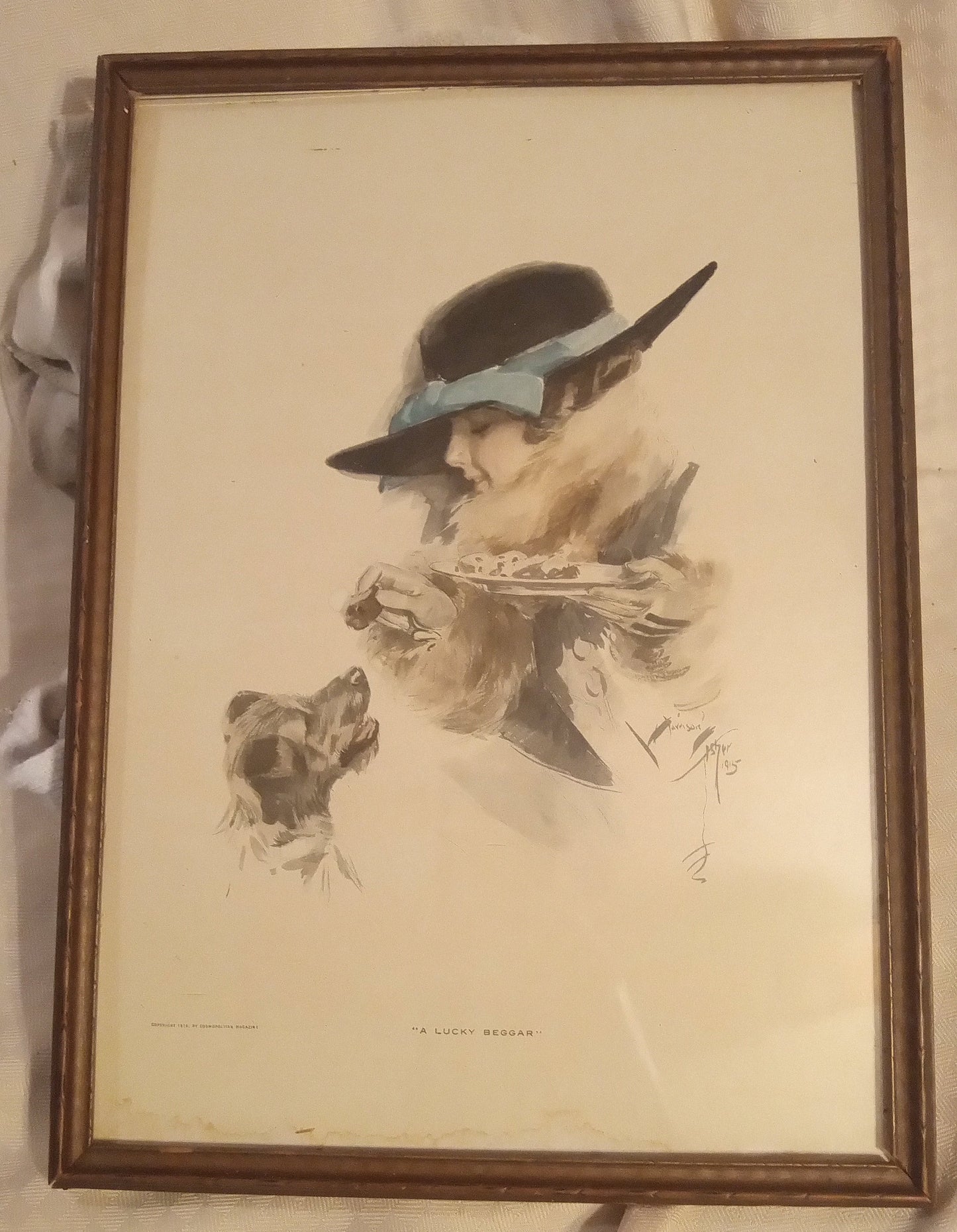 Vintage 1930s “A Lucky Beggar” Cosmopolitan Magazine Art Print – Framed Behind Glass – Classic Americana Illustration