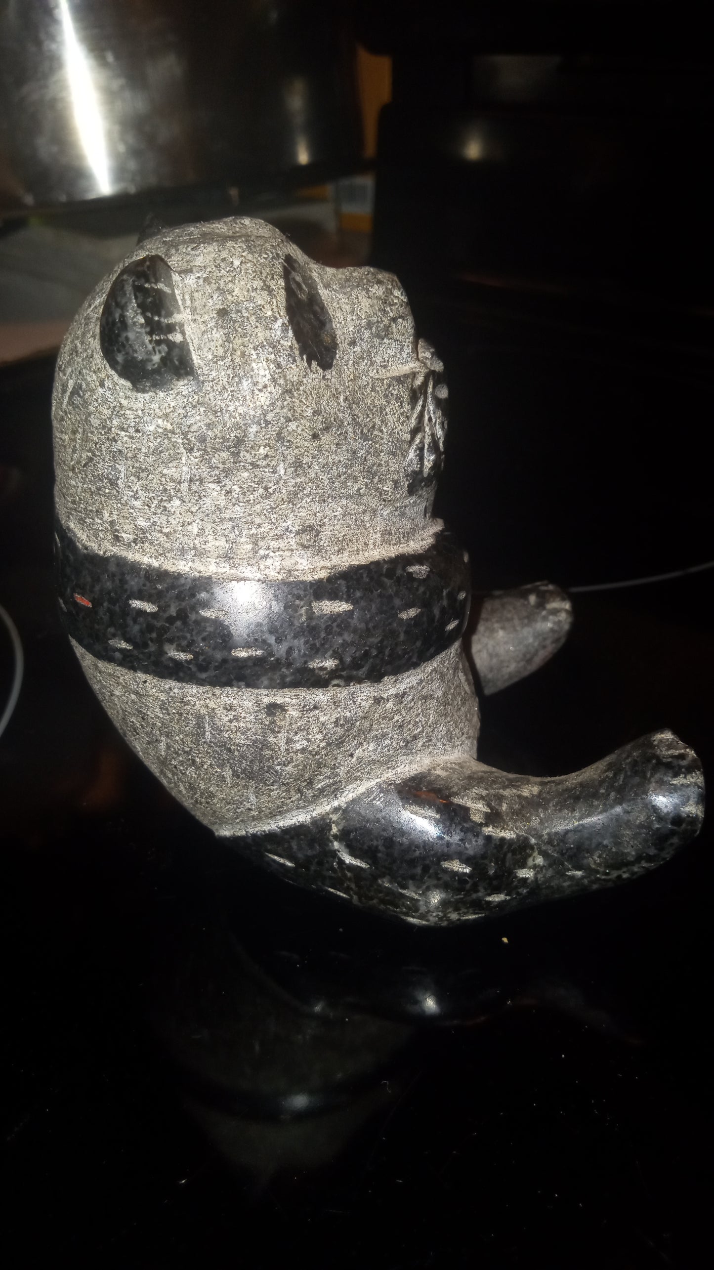 HAND CARVED PANDA GRANITE STONE GREY/BLACK One of a kind