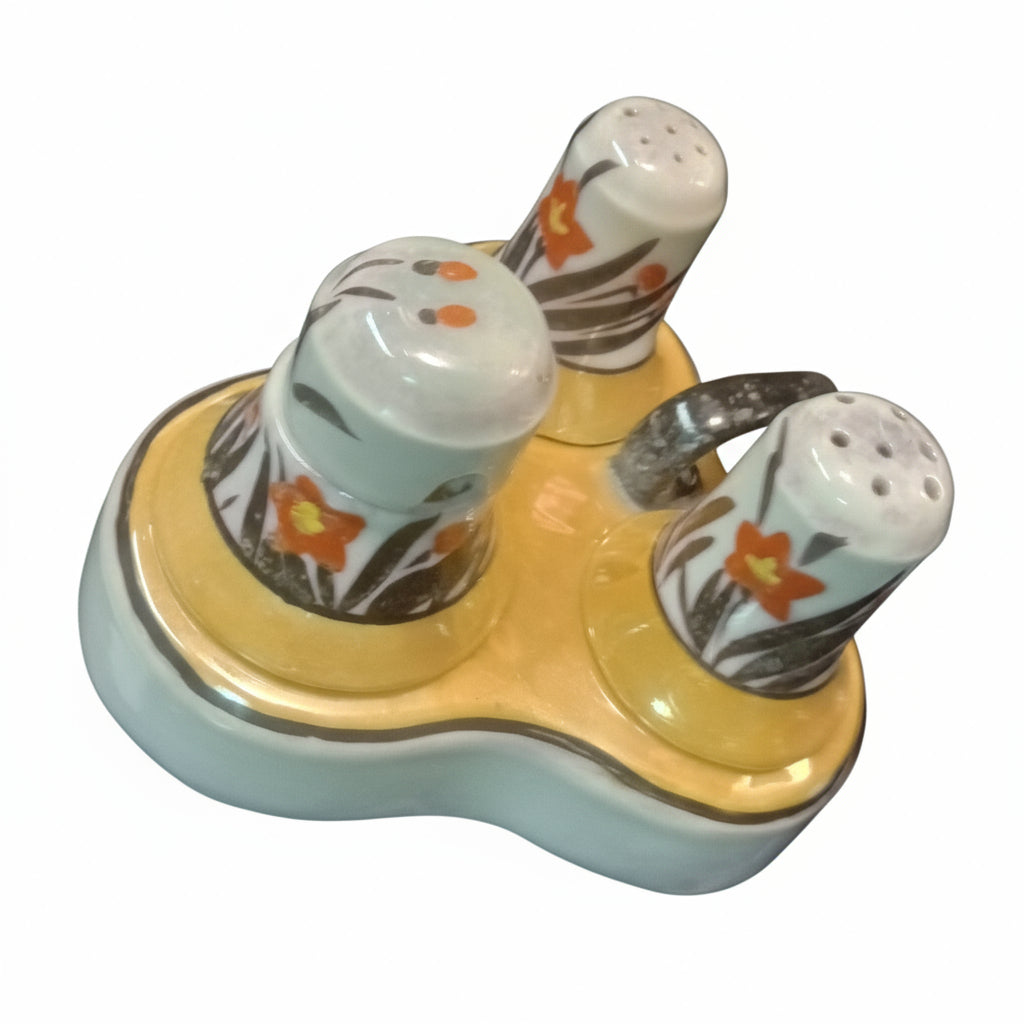 Adorable Mid-Century Kitchen Trio! Japanese Salt, Pepper & Condiment Caddy with Handle