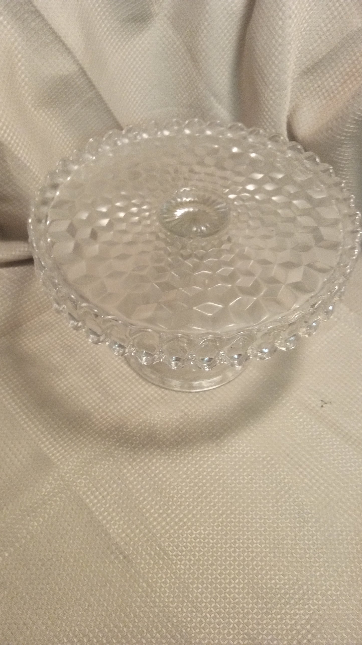 Vintage 10" Fostoria 'American' Block Style Pressed Glass Cake Stand | Mid-Century Dessert Comport (7" Tall)