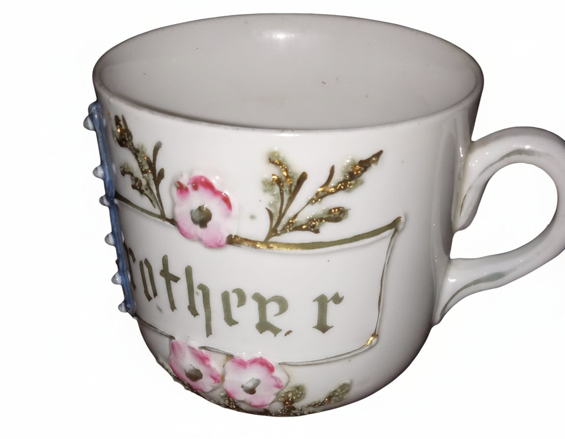Antique Hand-Painted "Brother" Cup | Jeweled Enamel Porcelain Mug | Victorian Era Gift