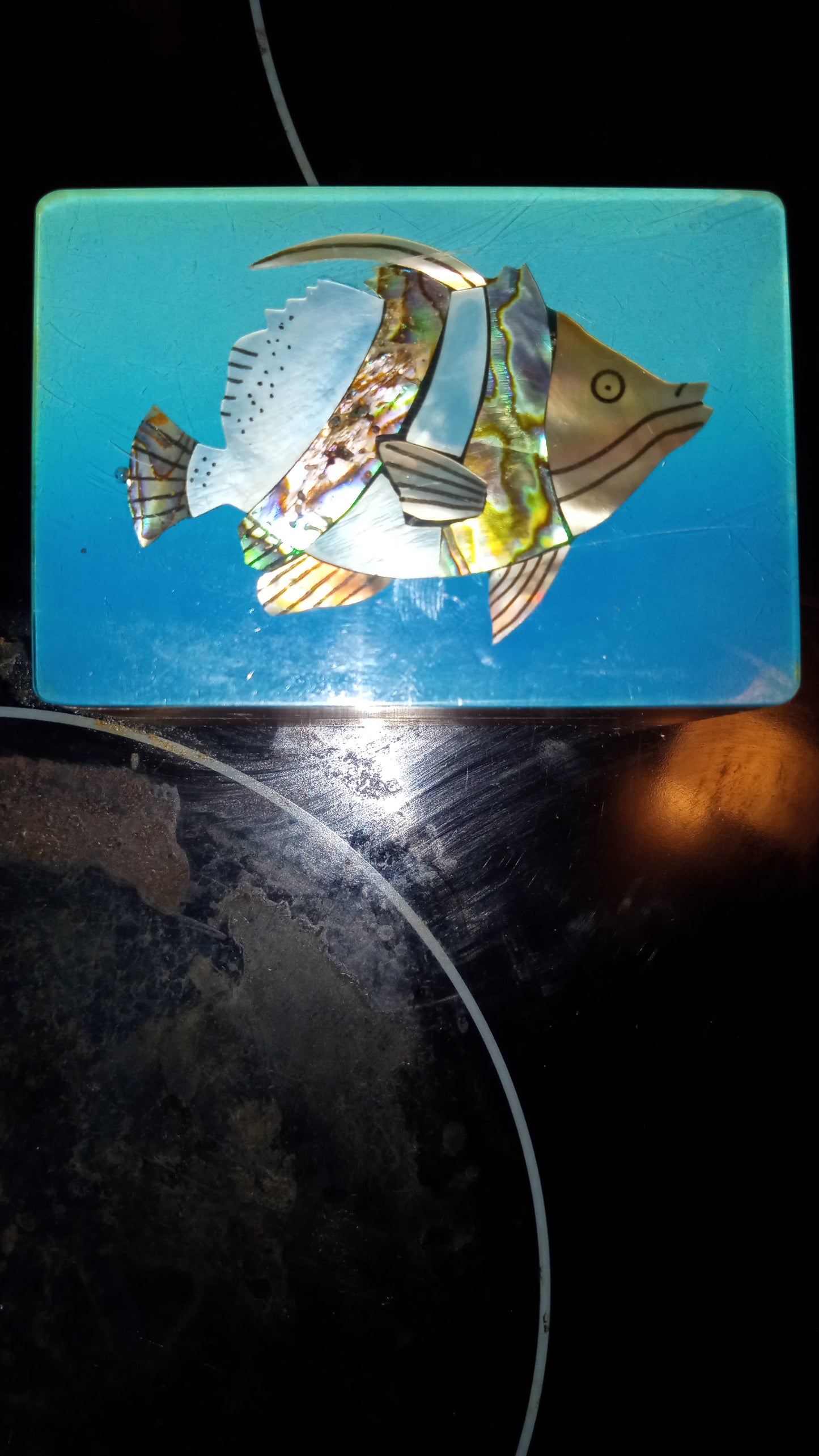 Beautiful Mother Of Pearl Abalone Inlaid Fish Jewelry Trinket Box