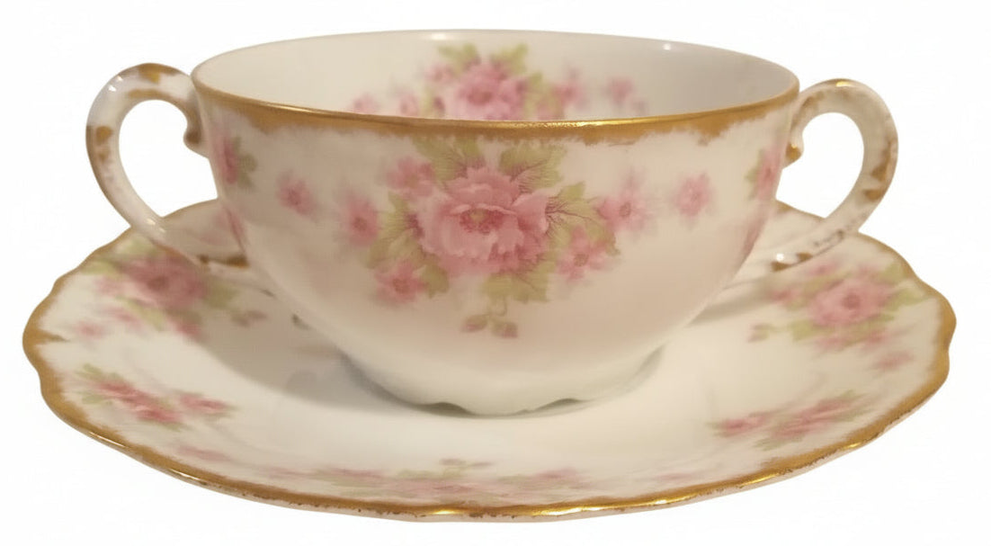 Elite Works Limoges Pink Rose Bouillon Set (2) | Antique French Porcelain