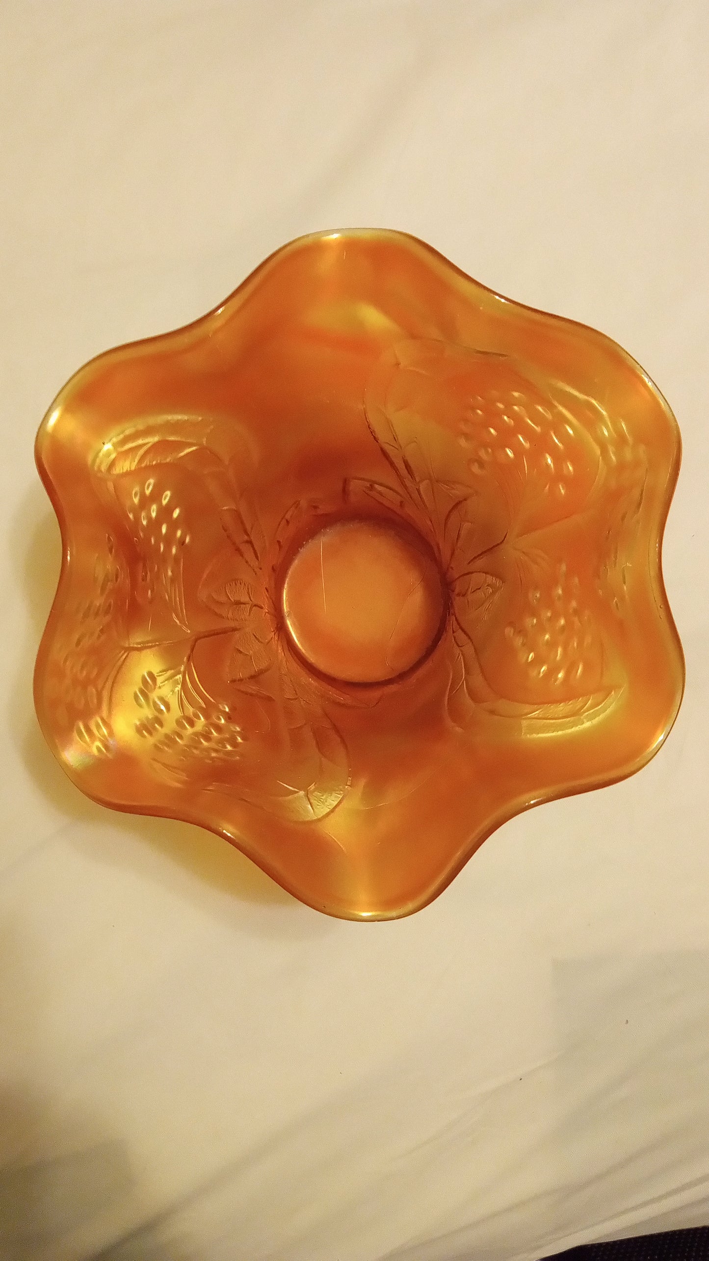 100+ Years Old Fenton Grape & Cable Carnival Glass Bowl | Marigold Orange Iridescent | 6" Ruffled Edge | C. 1910
