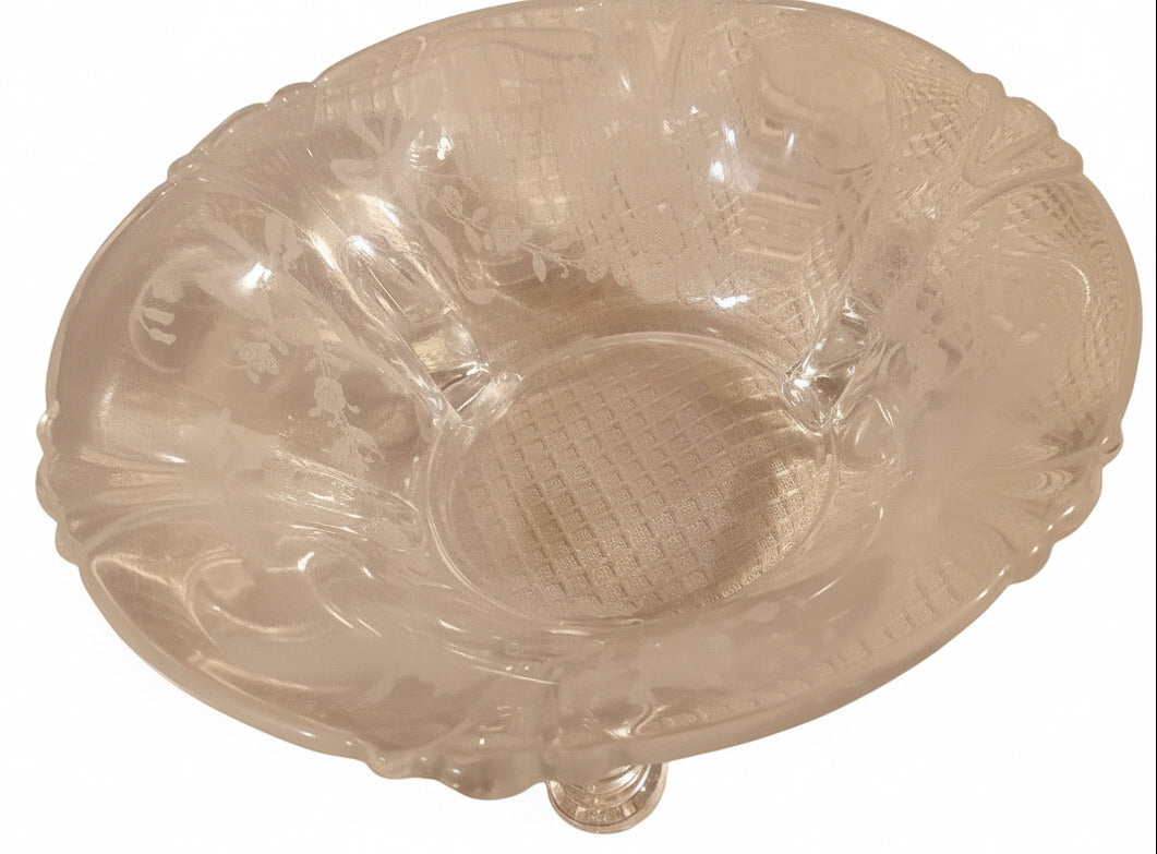 Heisey Orchid Etched Glass Bonbon Dish | 1940s Elegant Depression Era Crystal | 3-Footed Floral & Ribbon Candy Bowl | Mint Condition