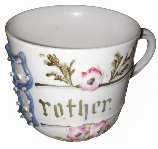 Antique Hand-Painted "Brother" Cup | Jeweled Enamel Porcelain Mug | Victorian Era Gift