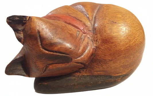 Hand-Carved Monkeypod Wood Sleeping Cat – 1970s Mid-Century Folk Art Figurine | Handcrafted Teak Style Decor | FREE Priority Shipping