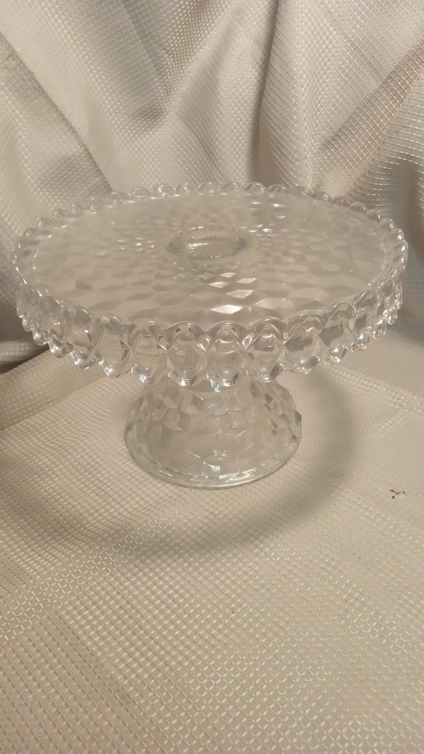 Vintage 10" Fostoria 'American' Block Style Pressed Glass Cake Stand | Mid-Century Dessert Comport (7" Tall)