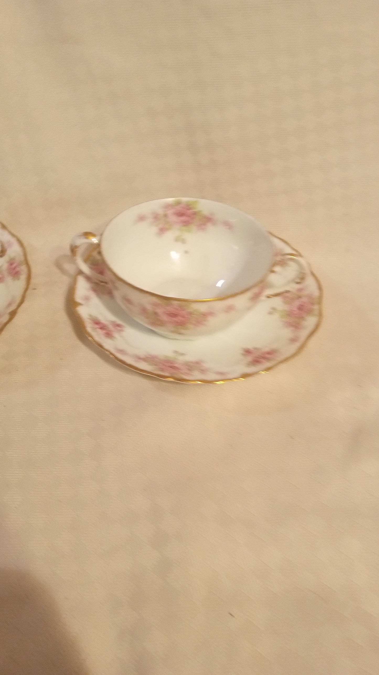 Elite Works Limoges Pink Rose Bouillon Set (2) | Antique French Porcelain