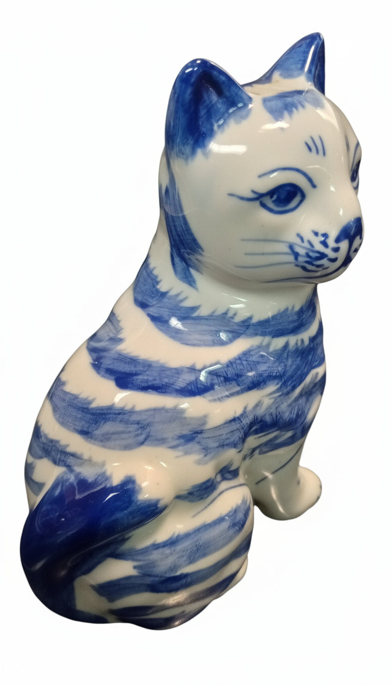 VINTAGE DELFT BLUE CAT TIGER PORCELAIN FIGURE