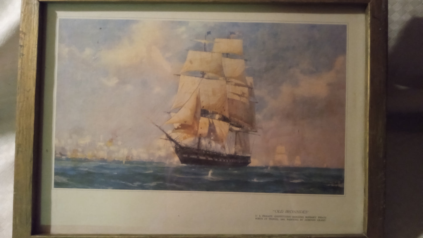 Vintage 1940s “Old Ironsides at Tripoli” Maritime Print by Gordon Grant – Framed Nautical History Art, USS Constitution Naval Scene