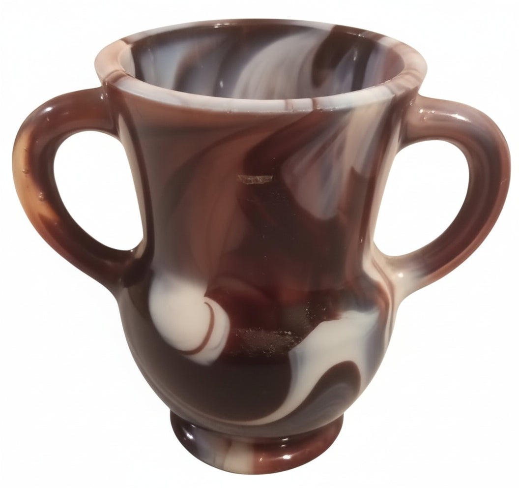Vintage Brown & White Slag Glass 3.5" Handled Cup / Miniature Urn | End-of-Day Swirl