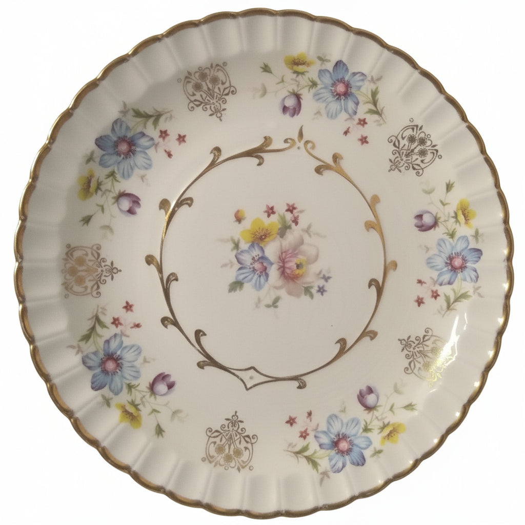 Vintage Avon by Wood & Sons Floral Plate - Alpine White Ironstone Dinnerware - Blue & Gold Scalloped Edge