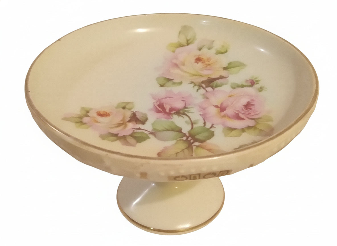 Antique Austrian Porcelain Pedestal Comport | Edwardian Pink Roses Gold Trim | Single Candy Dish, Near-Mint with Patina
