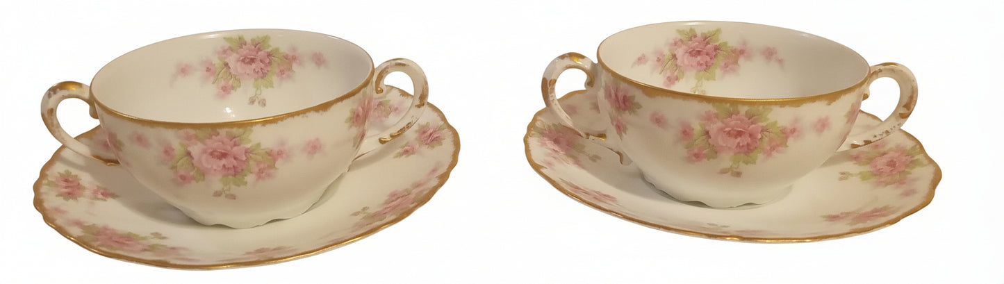 Elite Works Limoges Pink Rose Bouillon Set (2) | Antique French Porcelain