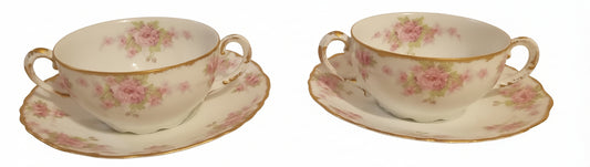 Elite Works Limoges Pink Rose Bouillon Set (2) | Antique French Porcelain