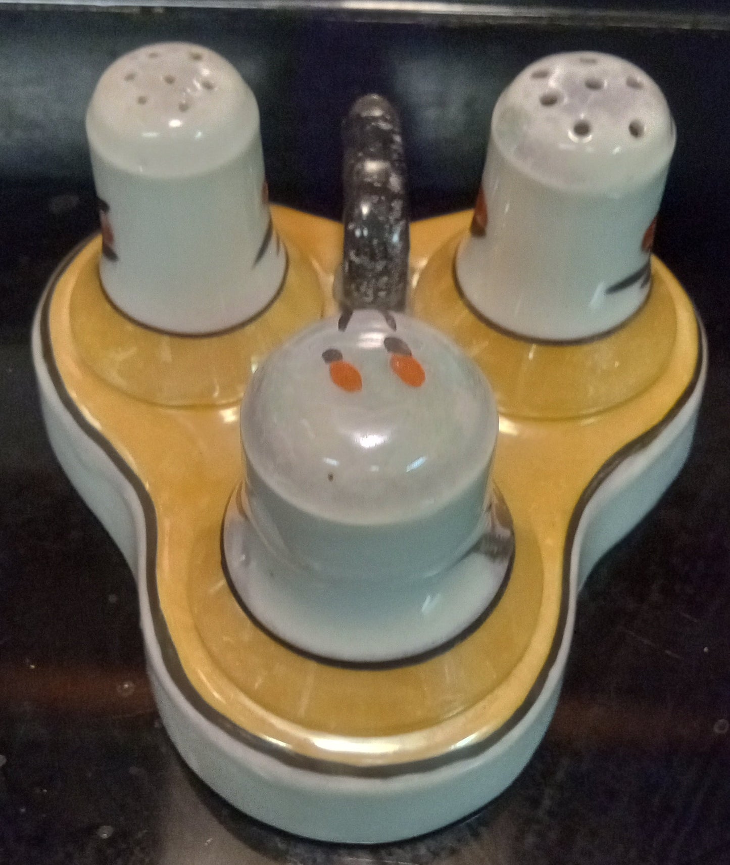 Adorable Mid-Century Kitchen Trio! Japanese Salt, Pepper & Condiment Caddy with Handle