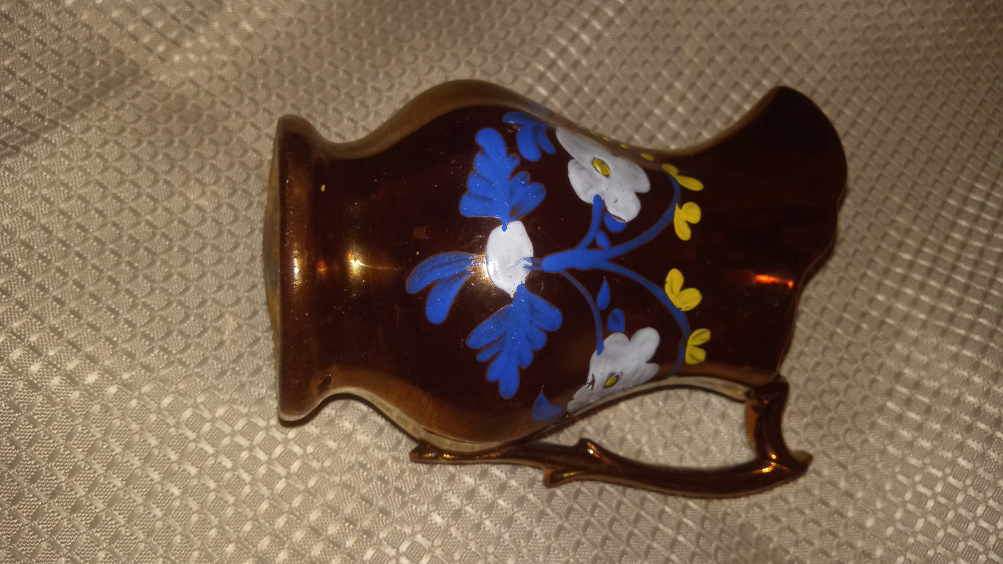 Vintage Japanese Lusterware Creamer - Hand Painted Floral Pitcher (4" Tall) - Copper Glaze Collectible
